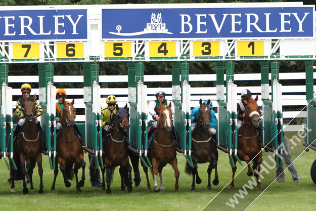 Picture: David Simmonson falls from his horse coming out of the stalls