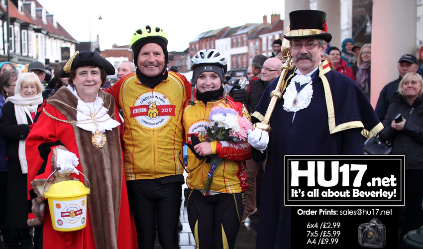 Mayor Greets Peter Levy & Abbie Dewhurst After Grueling Charity Bike Ride